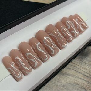 Long Square Nude Ribbon Swirl Custom Luxury Press Ons